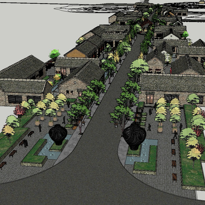  新中式民宿小镇鸟瞰su模型 