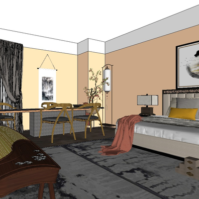  中式酒店客房su模型 