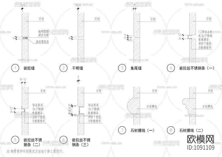 设计院标准图集 -全套墙面石材节点 干挂大理石 贴砖剖面 各种材料接缝做法下载（渲染图5）