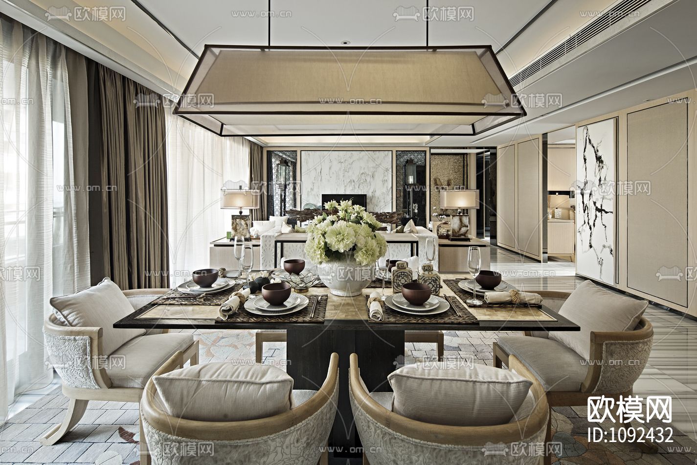 万科悦湾中式样板间室内施工图下载（渲染图1）