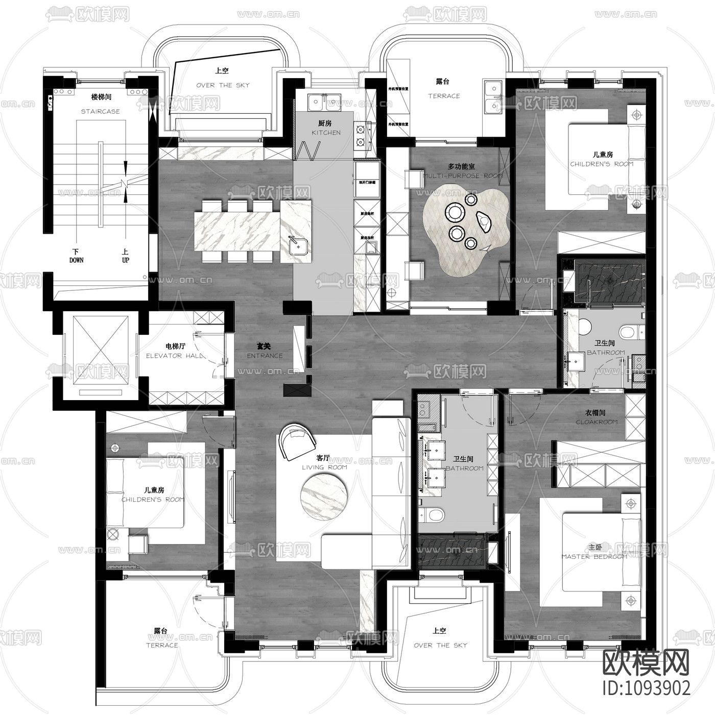 极简对白三居室住宅室内施工图+实景+3D模型下载（渲染图8）