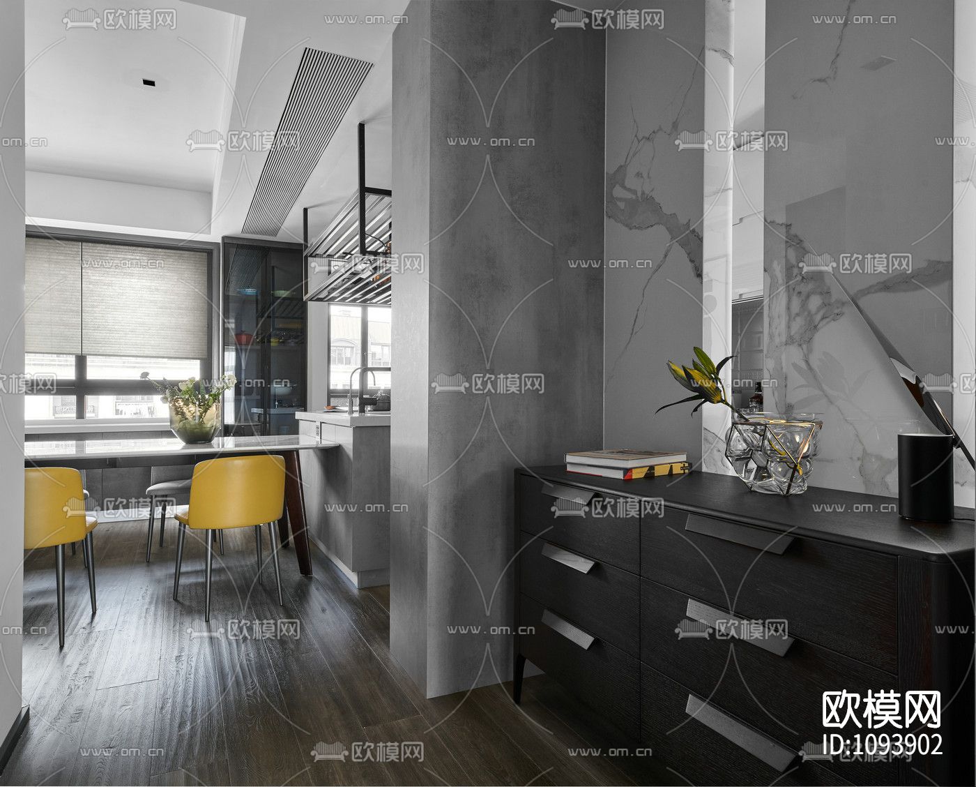 极简对白三居室住宅室内施工图+实景+3D模型下载（渲染图7）