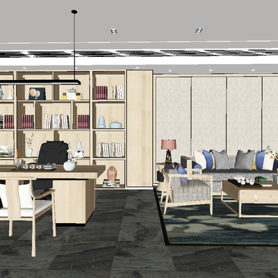  新中式董事长办公室su模型 