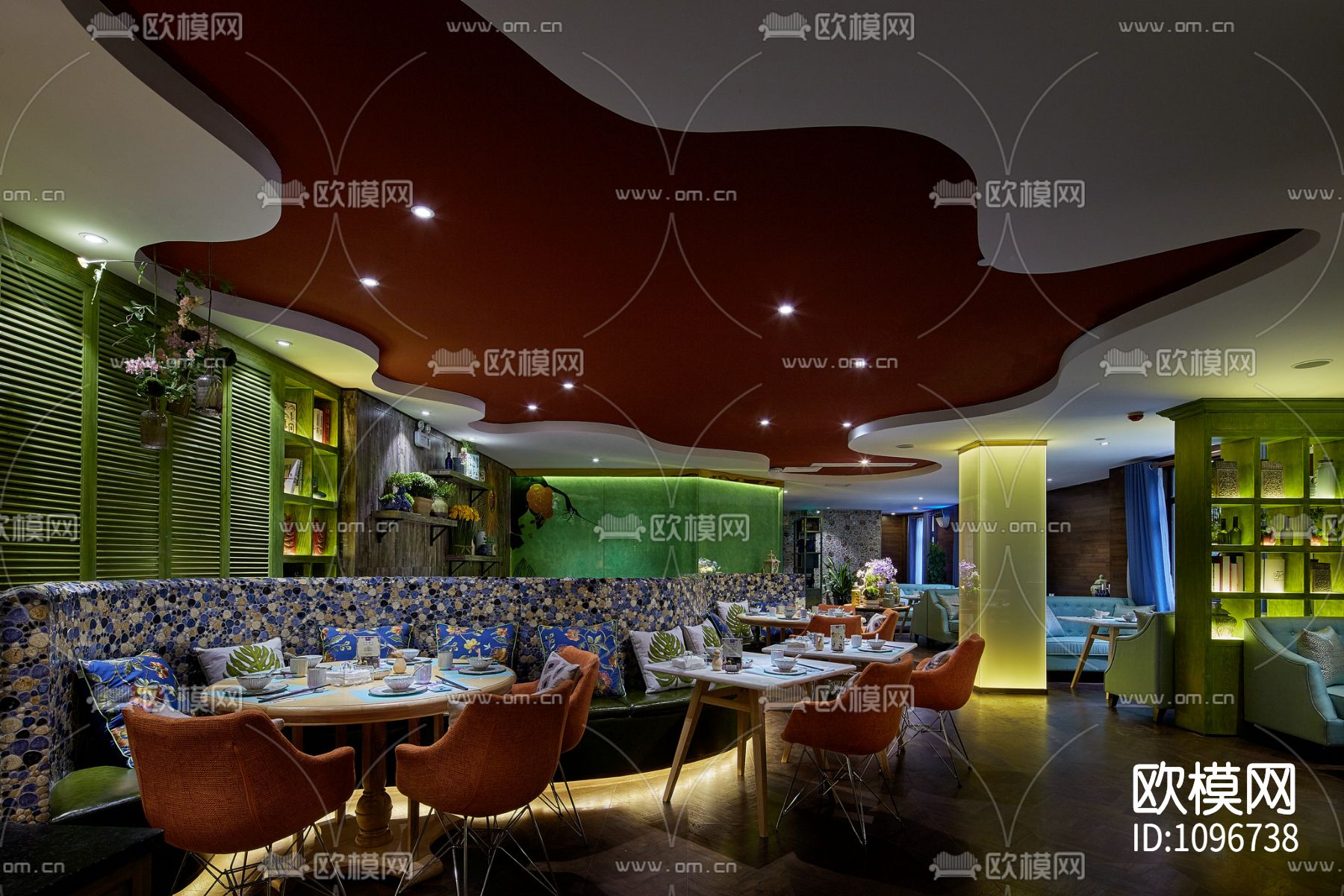 澜悦东南亚料理餐厅600m² 施工图＋实景照片下载（渲染图1）