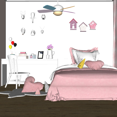  北欧粉色女孩房su模型 