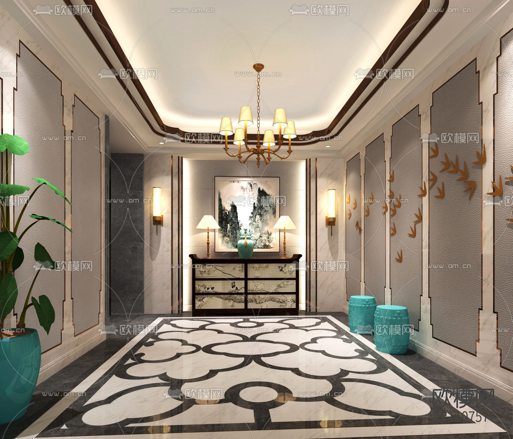 上海松江1100新中式私人别墅彩平效果图方案CAD施工图机电给排下载（渲染图5）