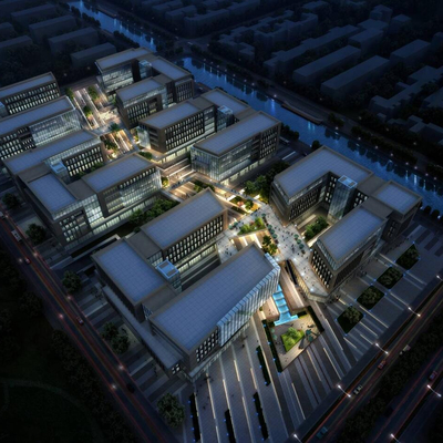  现代办公园区鸟瞰夜景su模型 