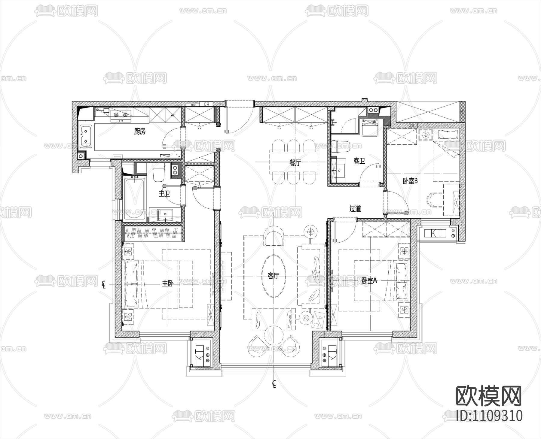 107㎡三室二厅样板间全套精装施工图下载（渲染图1）