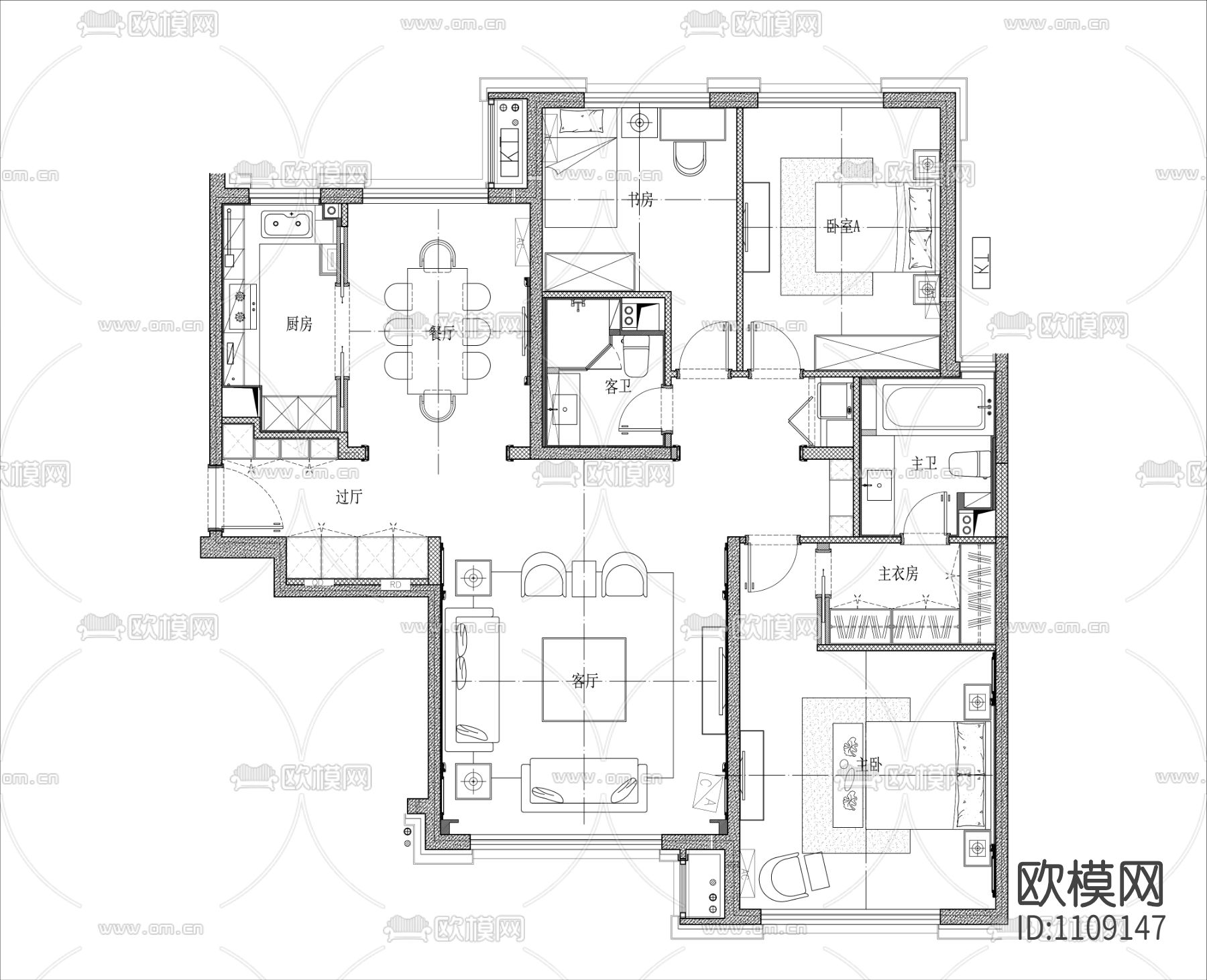 139㎡三室二厅样板间全套精装施工图下载（渲染图6）