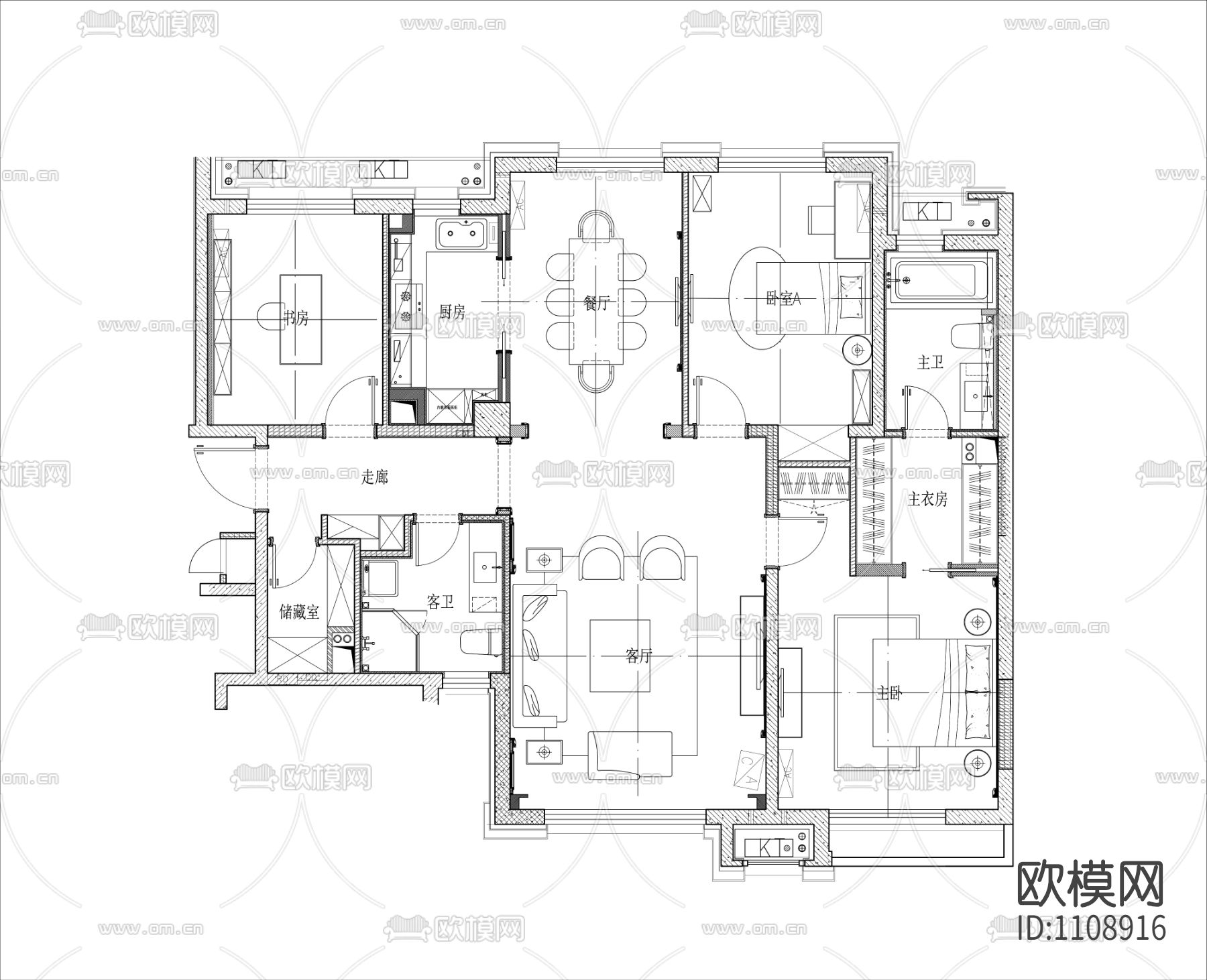 123㎡三室二厅样板间全套精装施工图(新古典）下载（渲染图3）