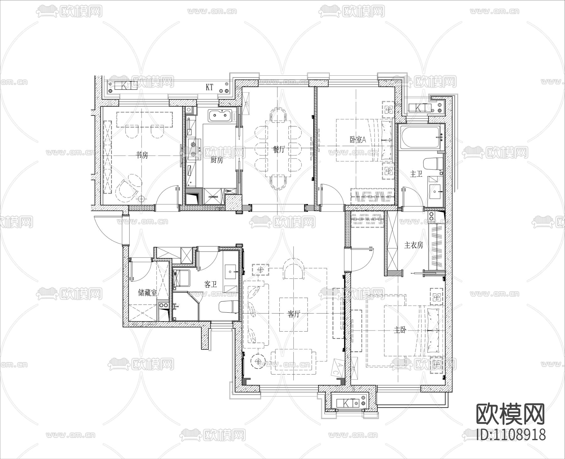 114㎡三室二厅样板间全套精装施工图下载
