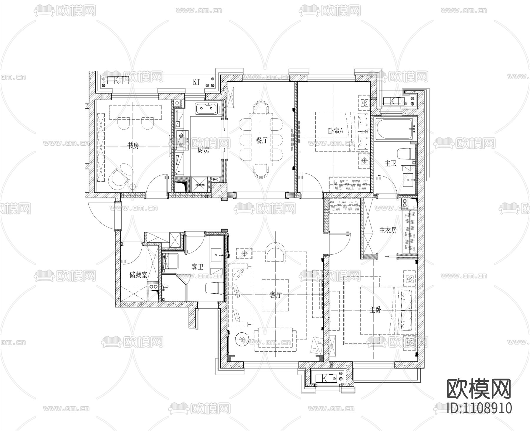 114㎡三室二厅样板间全套精装施工图下载（渲染图3）