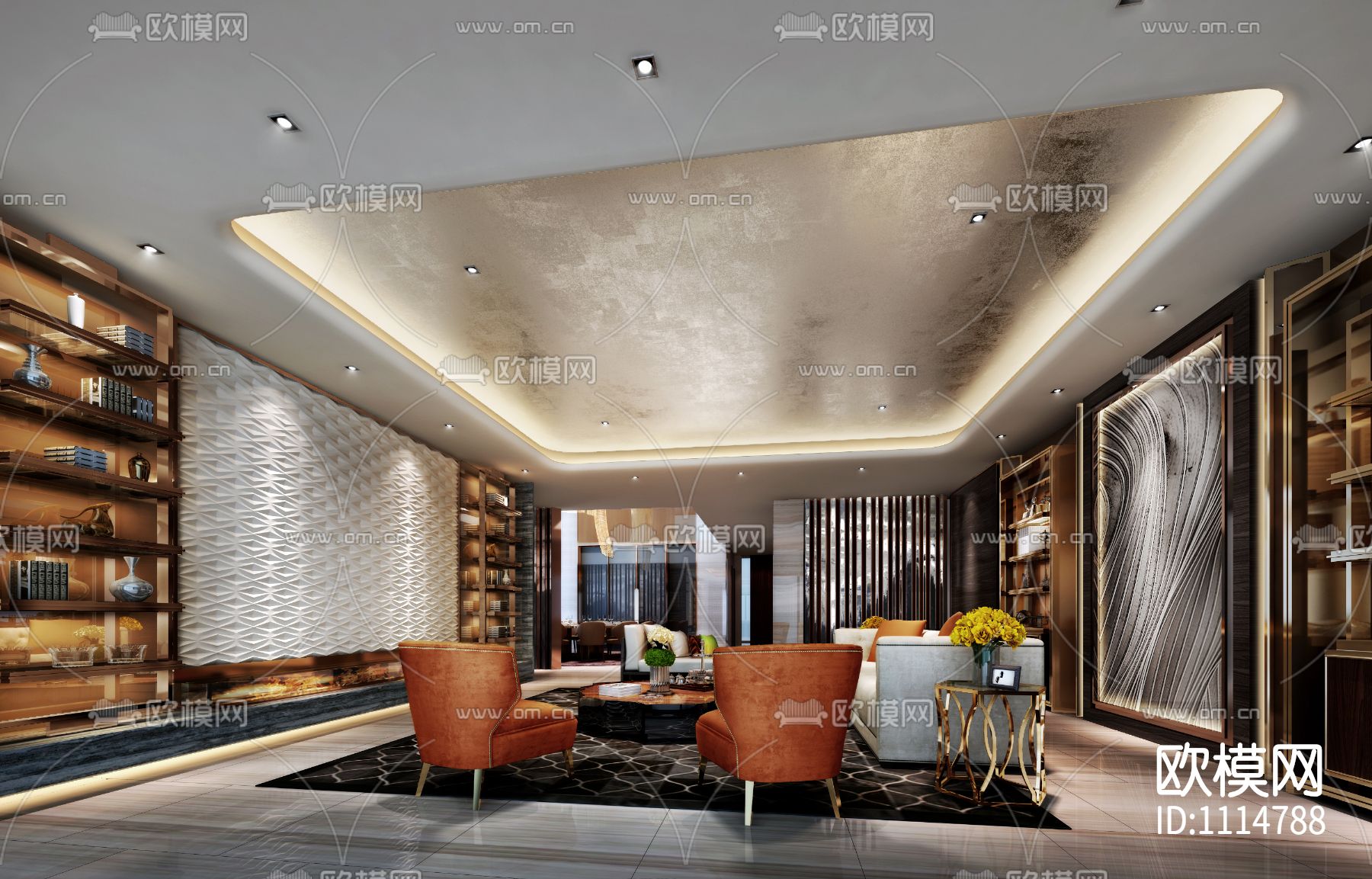 PTang Studio海宁样板间丨效果图+彩屏+施工图+物料书下载（渲染图1）