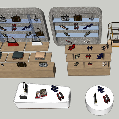  现代服装店货架鞋包su模型 