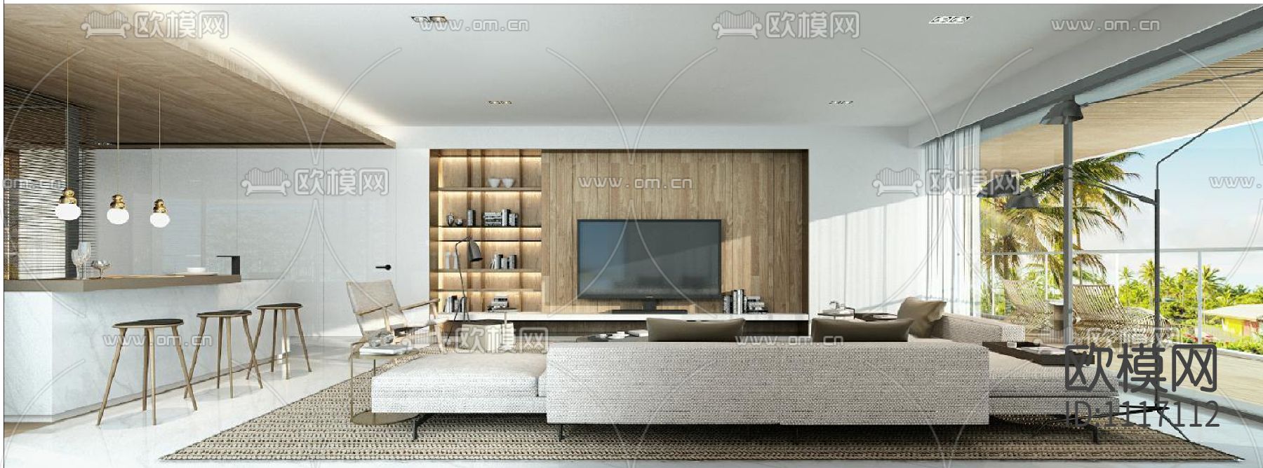 李玮珉三亚海棠湾四季公寓 样板间房型(三) 施工图+效果图+物料表下载（渲染图1）