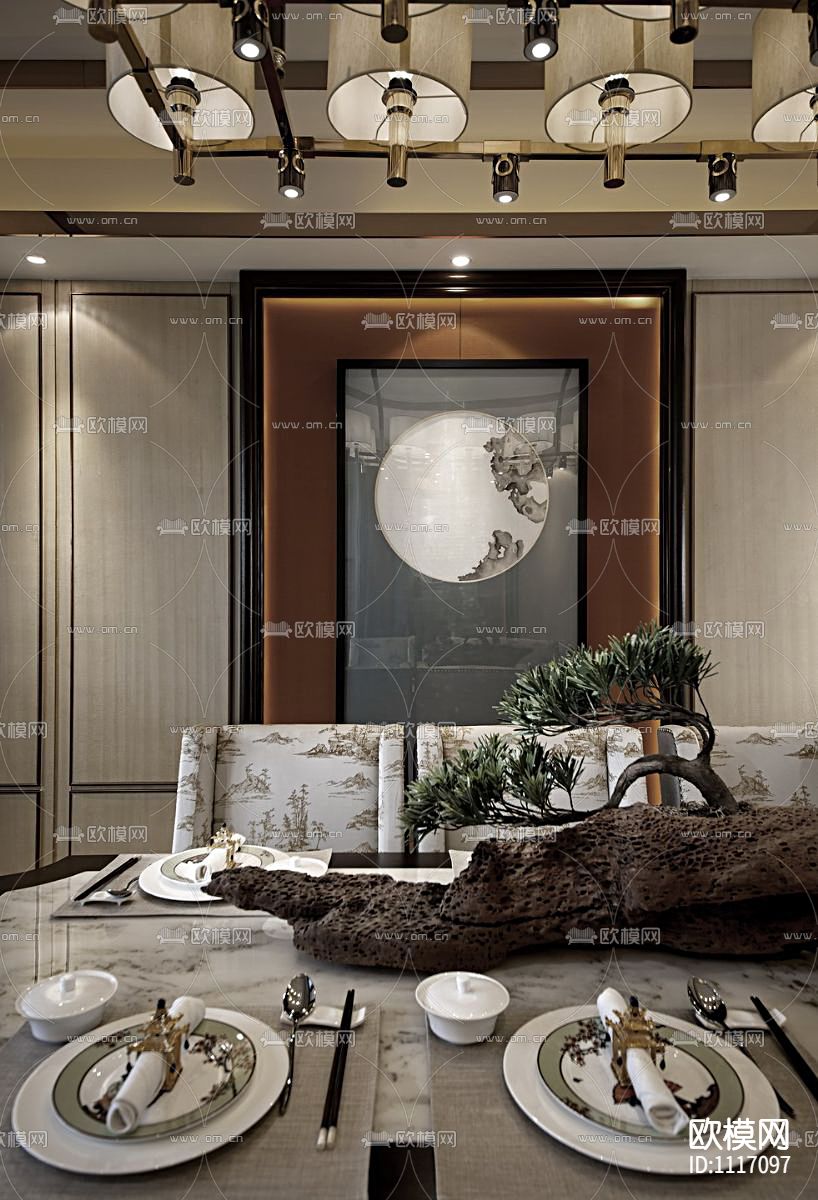 矩阵纵横深圳前海时代155平米 新中式样板房施工图下载（渲染图5）