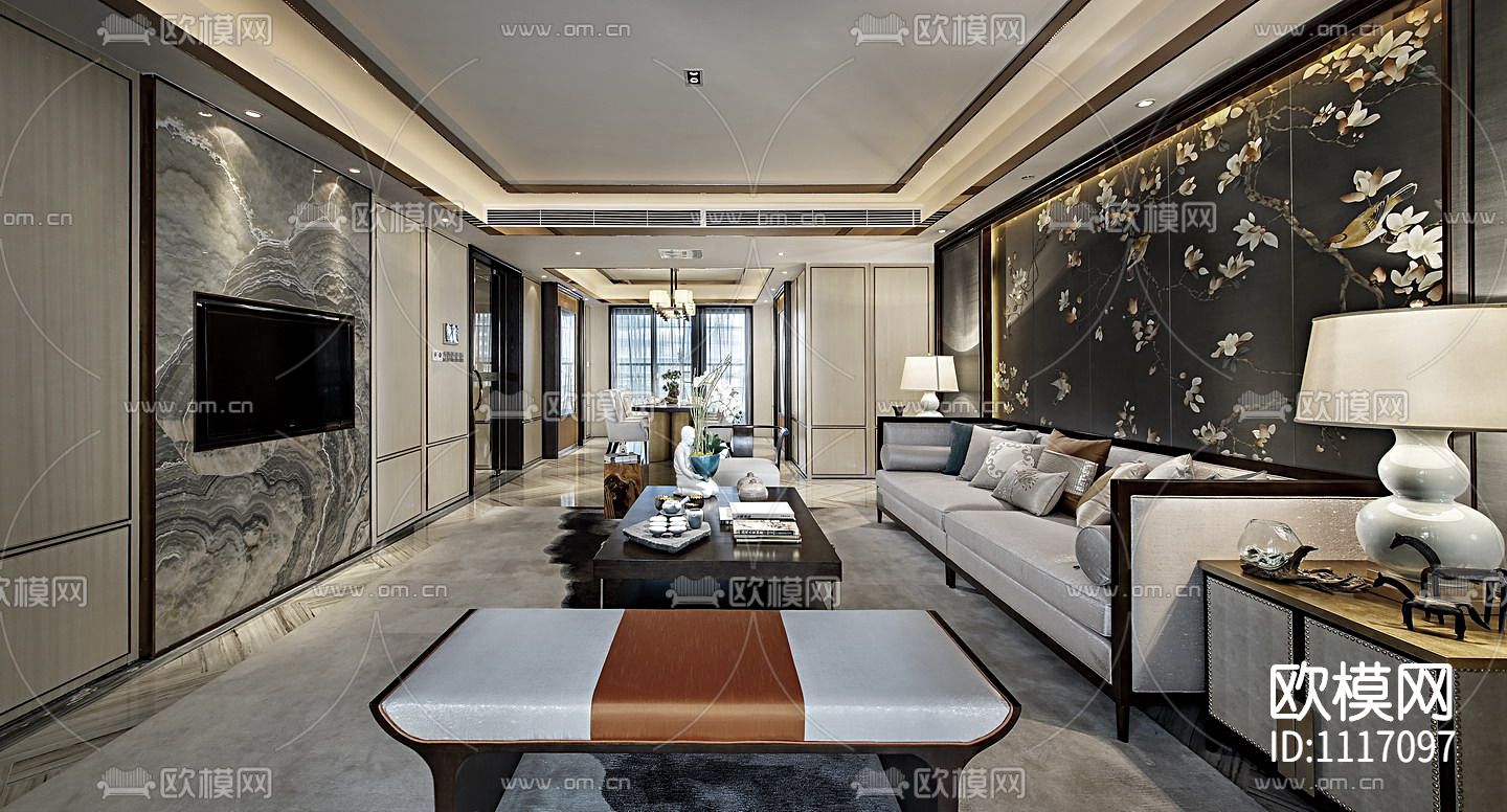 矩阵纵横深圳前海时代155平米 新中式样板房施工图下载（渲染图1）