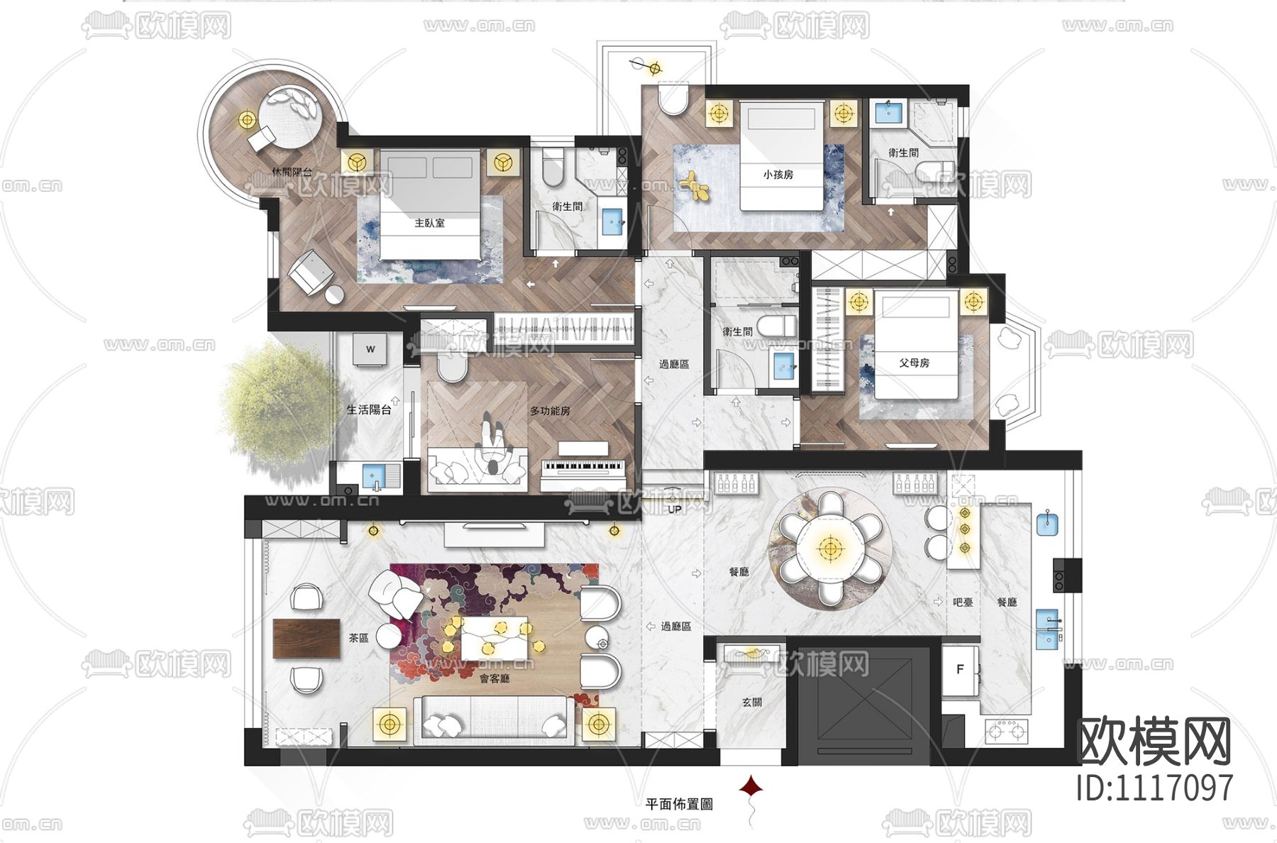 矩阵纵横深圳前海时代155平米 新中式样板房施工图下载（渲染图8）