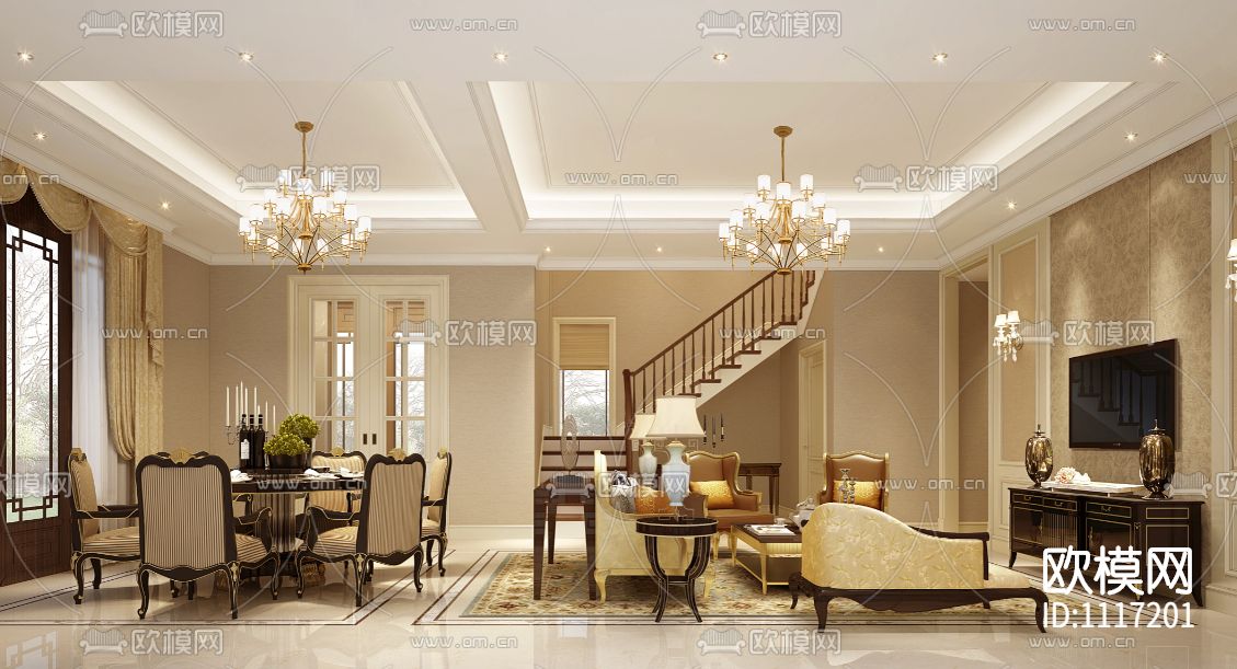 新古典+新中式绿城桃李春风四套样板间丨软装方案+效果图+CAD施工图下载（渲染图1）