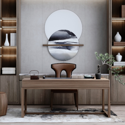 新中式实木书柜书桌椅su模型