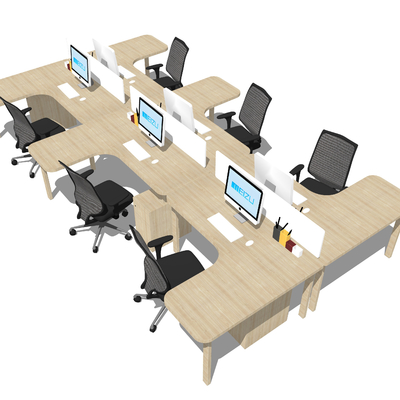  现代原木卡位办公桌su模型 