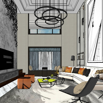  现代轻奢别墅大堂su模型 