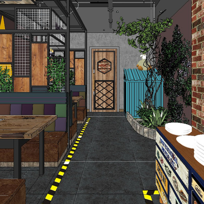  工业风快餐厅su模型 