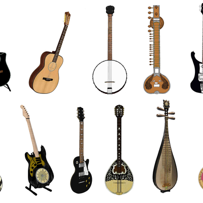  现代贝斯吉他古筝组合su模型 