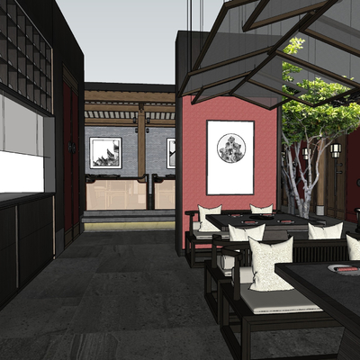  新中式火锅店su模型 