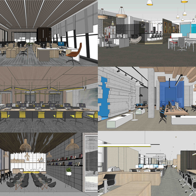  现代敞开式办公室su模型 