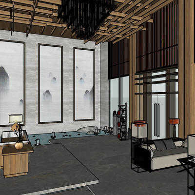  新中式酒店大堂su模型 