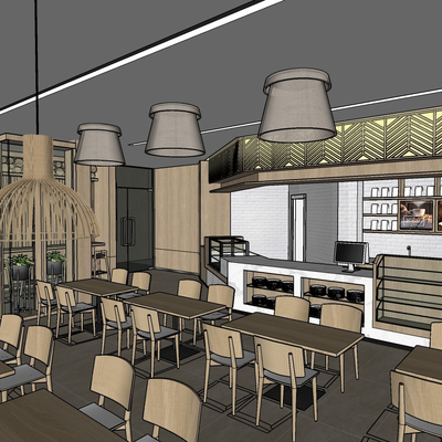  新中式酒店自助餐厅su模型 