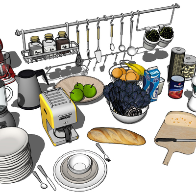  现代饭碗刀叉餐具调料su模型 