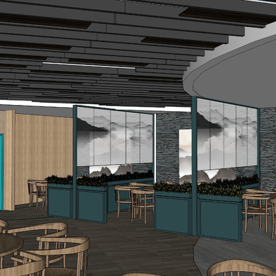  新中式茶餐厅su模型 