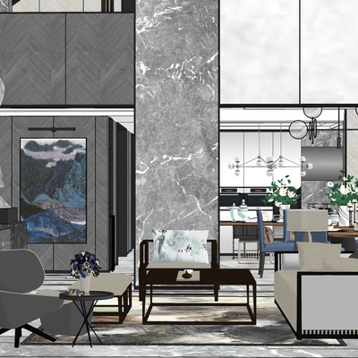  新中式别墅大堂su模型 