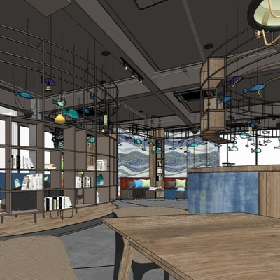  工业风书吧su模型 