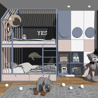  现代儿童高低床su模型 