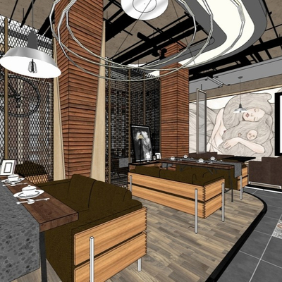  工业风书吧su模型 