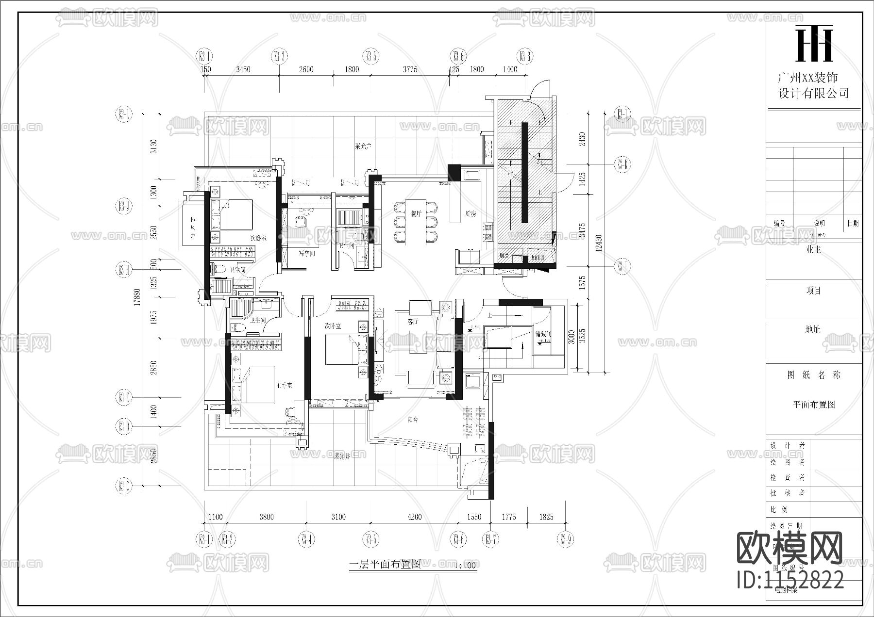 复式大户型家装cad平面布置图下载（渲染图2）