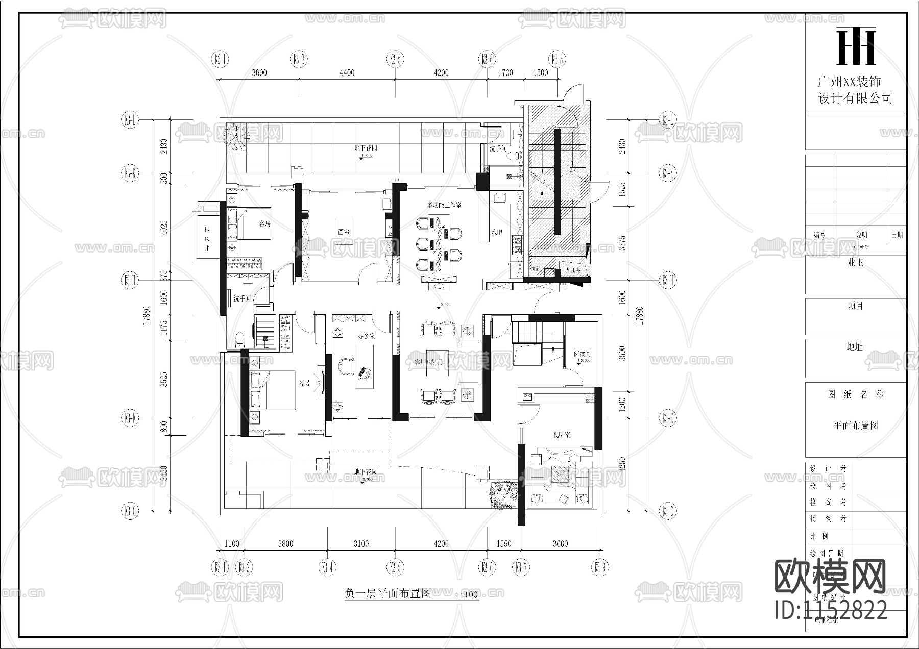 复式大户型家装cad平面布置图下载（渲染图1）