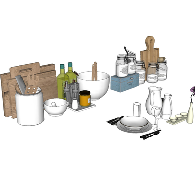  现代餐具酒杯砧板盘子su模型 