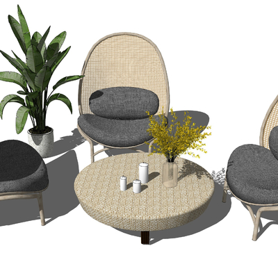  新中式户外藤编休闲椅su模型 