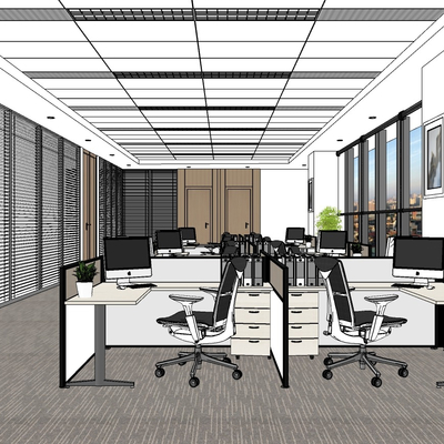  现代敞开式办公室su模型 
