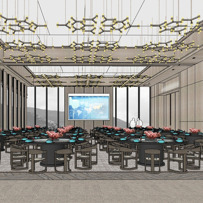  现代员工食堂su模型 