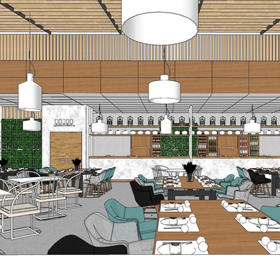  现代员工食堂su模型 