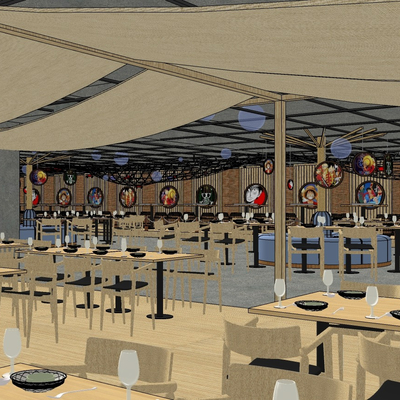  工业风海鲜自助餐厅su模型 