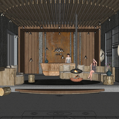  新中式酒店大堂前台su模型 