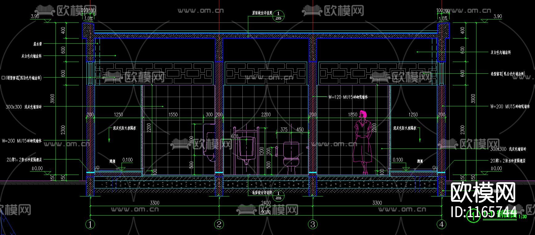 公共卫生间cad施工图下载（渲染图8）