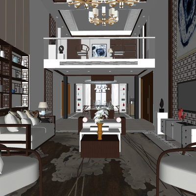  新中式挑空别墅客厅su模型 