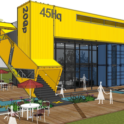  工业风集装箱咖啡厅su模型 